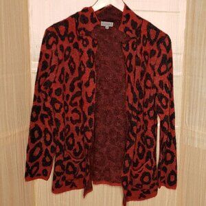Joseph A Womens Red Black Fuzzy Animal Print Open Front Cardigan Sweater